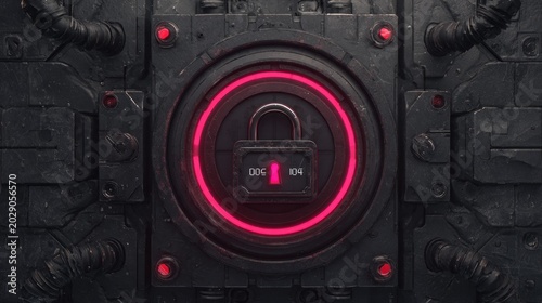 Metallic structure features a glowing circular interface displaying a digital combination lock