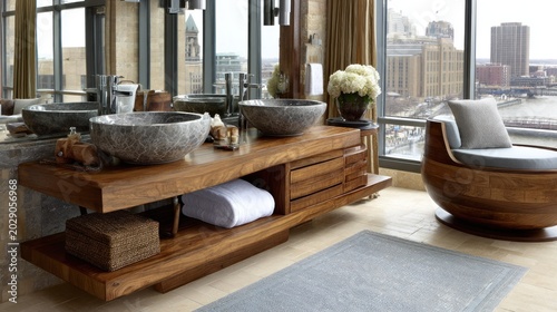 Luxurious modern bathroom features natural stone vessel sinks and rich wood vanity with city view