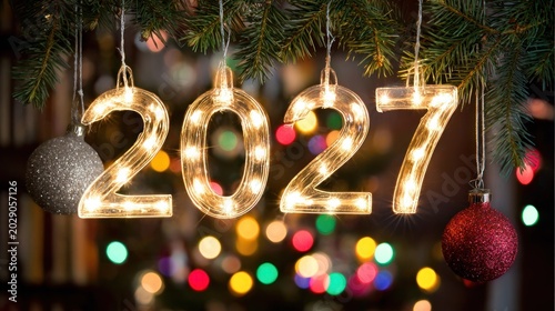 Illuminated numerals displaying the upcoming year hang from evergreen branches alongside festive ornaments.