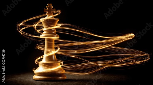 Illuminated wooden chess piece stands amidst swirling golden light trails on a dark surface.