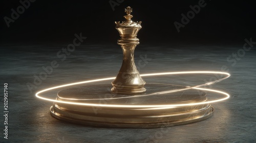 Brilliant golden chess king piece rests upon a circular pedestal illuminated by glowing light trails