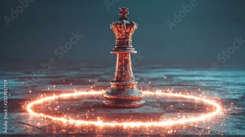 Ornate chess king piece stands centered on a board surrounded by a glowing magical energy ring.
