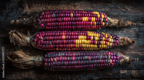 Three ears of multicolored flint maize rest horizontally across a dark wooden surface.