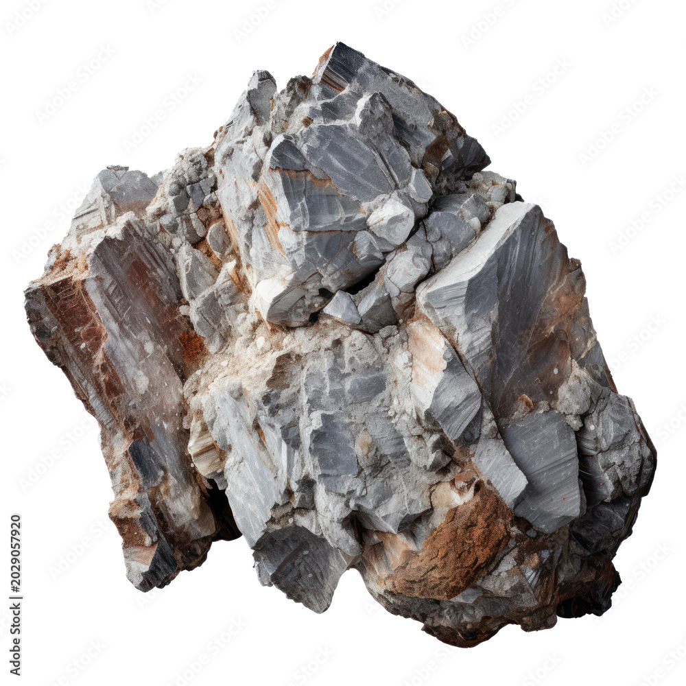 Fototapeta premium A large, rough specimen of gray and black banded agate is displayed against a png transparent.