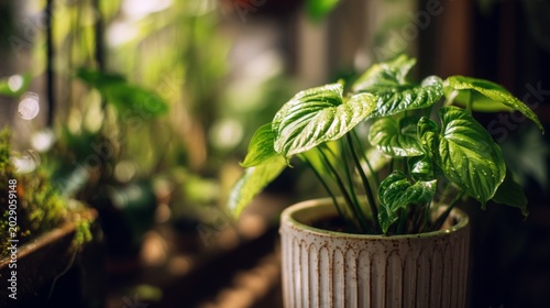 Vibrant Green Leaves of Indoor Potted Plant with Dew on Surfaces in Cozy Natural Setting of Warm Indoor Garden