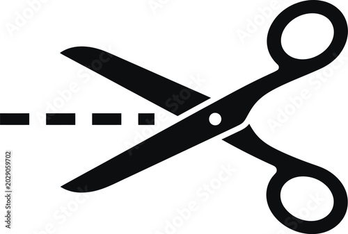 Sharp black scissors positioned to cut along a perforated line