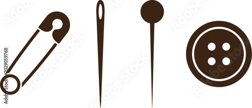 Set of sewing tools including a safety pin needle and a button