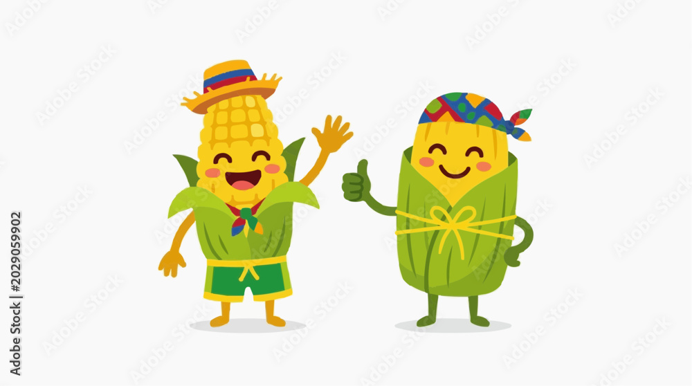 Fototapeta premium Cute Corn and Pamonha Cartoon Characters Celebrating Brazilian Festa Junina June Festival Vector Illustration