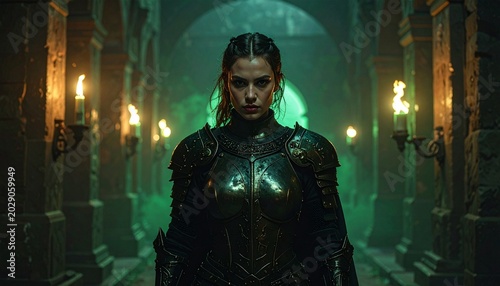 Cinematic portrait of a female warrior in dark armor standing in a gothic castle corridor lit by burning torches