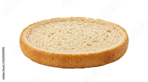Close up of a single hamburger bun slice on white background.