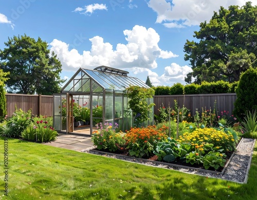 A vibrant garden scene with a greenhouse bathed in sunlight on a bright, summer day