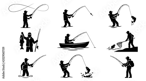Fotografía Fisherman Angler Silhouette Icons Set