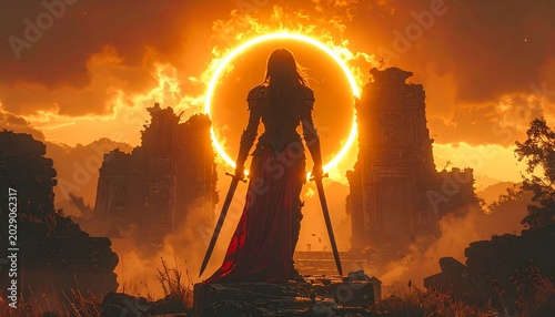 Silhouette of a Warrior Princess Standing Before a Massive Solar Eclipse Amidst Ancient Ruined Architecture