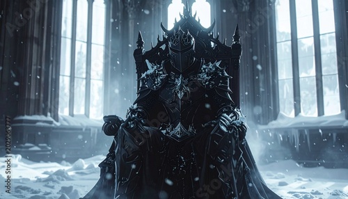 The Lich King sits on his icy throne, a formidable and chilling presence in a snow-dusted hall, embodying a dark, powerful fantasy king
