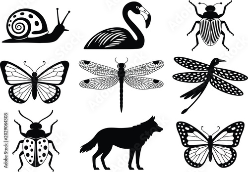 Photography Insects birds and wildlife silhouettes vector design set