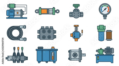 Collection of industrial hydraulic system components and equipment.
