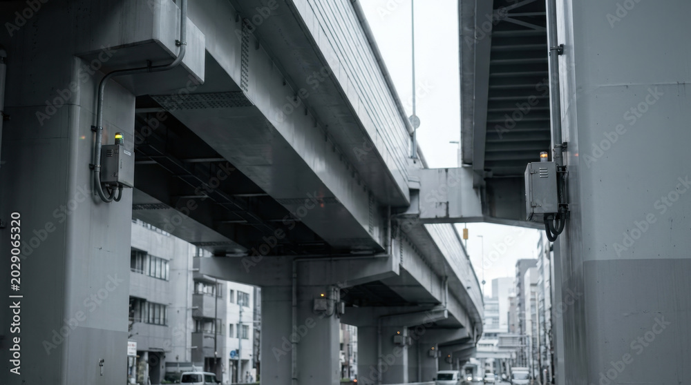 Fototapeta premium Industrial Elevated Roadway and Support Pillars in Urban Setting