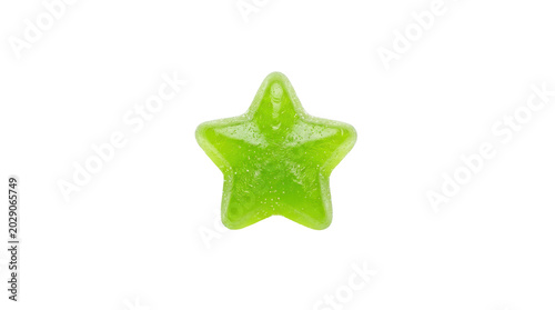 A single bright green star-shaped gummy candy isolated on white.