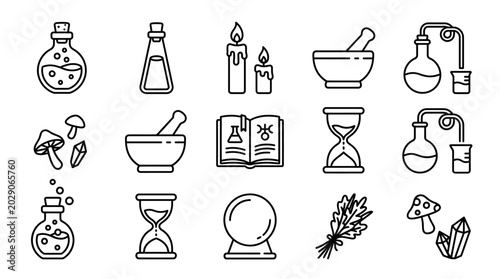 Tableau sur toile Collection of potion bottles and mystical items