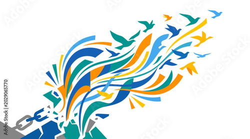 Slika na platnu Colorful abstract design of birds escaping chains