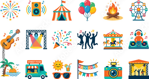 Colorful outdoor party celebration graphic elements pack with live band stage dancing silhouettes street food truck and carousel doodles