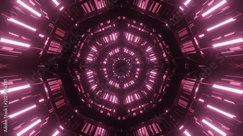 Abstract futuristic glowing pink tunnel with geometric patterns and light effects