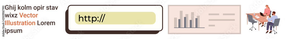 Fototapeta premium Digital communication, online navigation, analytics, business development, teamwork, presentation. URL bar, graph and coworkers in a meeting. Digital communication and online navigation concept