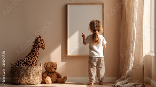 Little Girl Pointing At Blank Poster Frame In Pink Nursery Room With Toys And Soft Sunlight