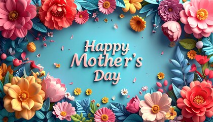 A vibrant floral arrangement forms a border, framing the text "Happy Mother's Day" on a light blue backdrop