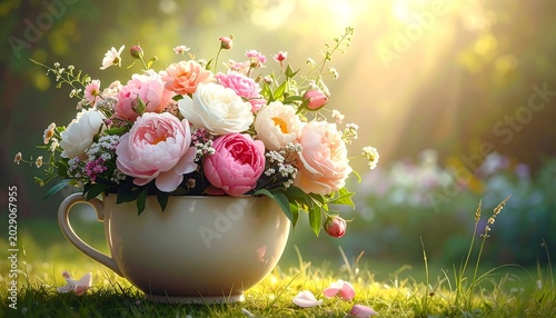 A vibrant floral arrangement in a teacup, bathed in soft sunlight, set against a blurred garden backdrop