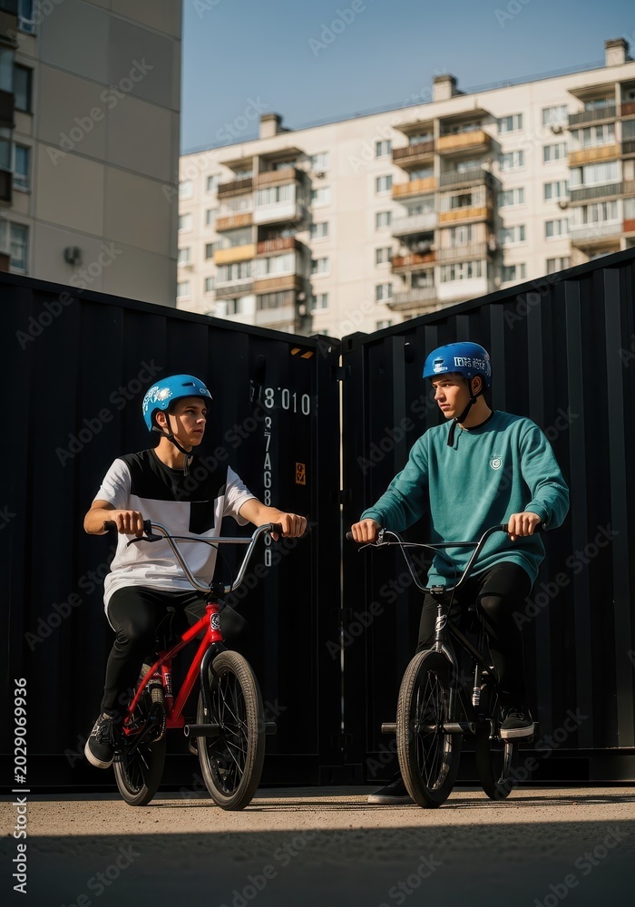 Fototapeta premium Two Young Men on BMX Bikes Talking in Urban Setting with Shipping Containers and Apartment Buildings Background