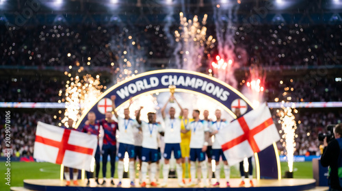 Intentionally blurred, soccer/football team celebrating world championship victory on stadium podium with flags and fireworks; perfect for sports media backgrounds and editorial concepts.