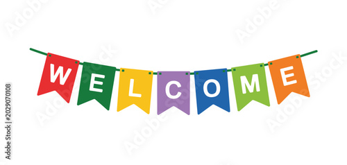 Obraz na płótnie Ribbon Flags Illustration, Colorful Welcome Banner Decoration With Festive Hanging Flag Elements For Celebration, Party, Event Promotion, Greeting, And Holiday Design Concepts