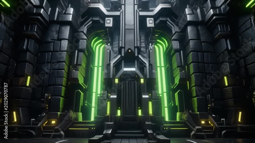 Futuristic Sci-Fi Interior with Green Energy Tubes and Industrial Design