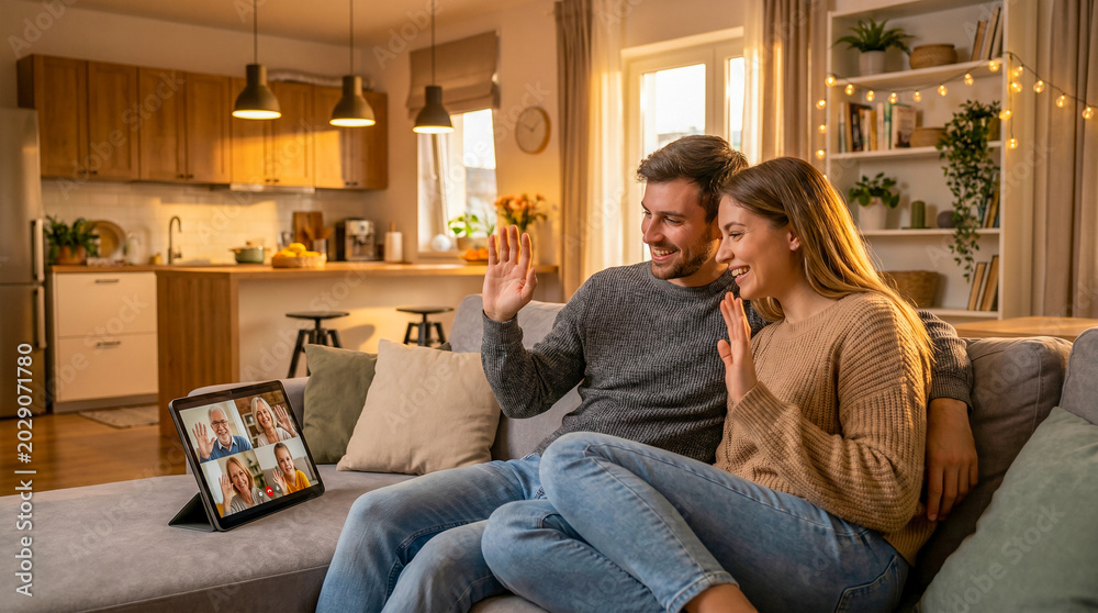 Fototapeta premium Smiling young couple waving at tablet screen during video call on couch at home