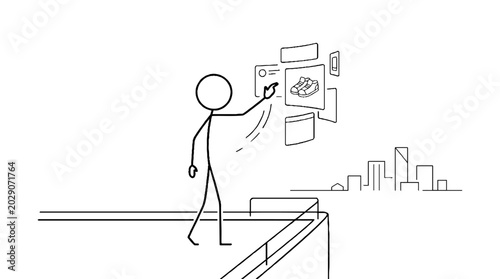 User interacting with floating virtual interface over city skyline