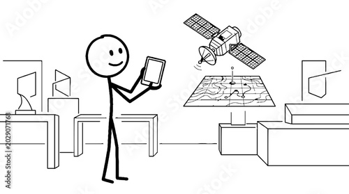 Researcher using tablet to monitor satellite data and mapping