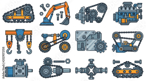 Картината върху платно Collection of Industrial Machine Parts and Equipment.