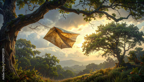 Kite flying in a green landscape