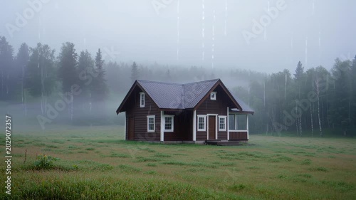 Single Object: A lonely wooden house standing in a foggy meadow during a rainstorm