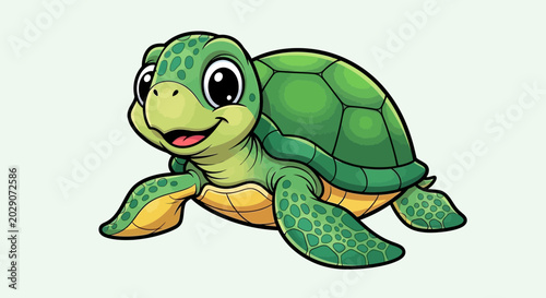Cute Green Sea Turtle Cartoon Character Illustration