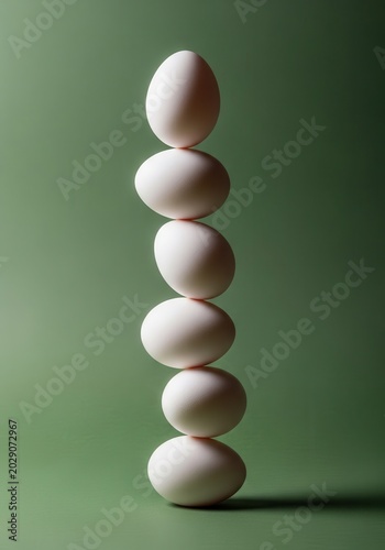 Vertical Stack of Six White Eggs Balancing Perfectly on a Solid Green Background - Conceptual Minimalist Image