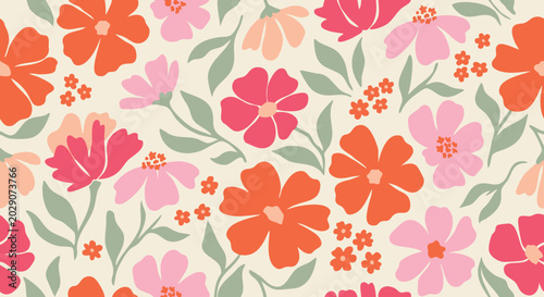Floral pattern with pink and orange flowers, seamless repeat