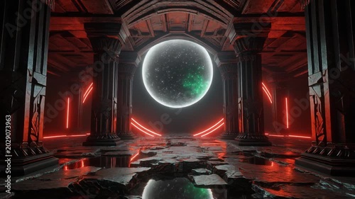 Futuristic glowing orb with neon lights in an ancient ruin