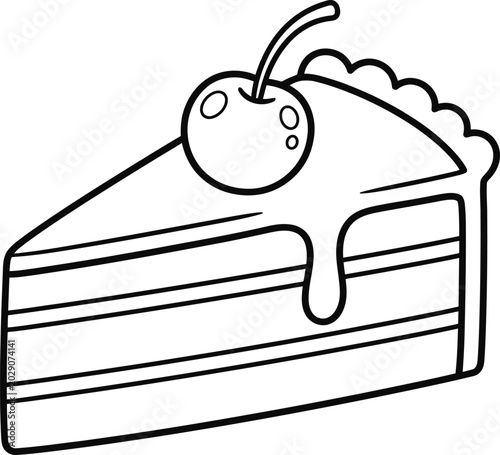 Black and white line art illustration of a delicious slice of cake topped with a cherry.