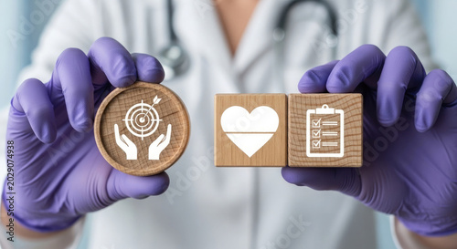 A doctor in purple gloves holding wooden blocks with health and medical symbols, representing healthcare and wellness concepts