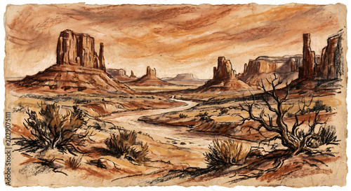 Conté Crayon Desert Landscape with Warm Earthy Tones and Rough Texture