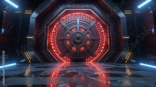Futuristic Sci-Fi Corridor with Illuminated Doorway and Reflective Floor