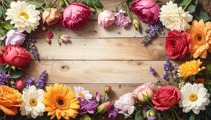 A vibrant floral border frames a wooden background, showcasing an array of colorful blooms in various shapes and sizes
