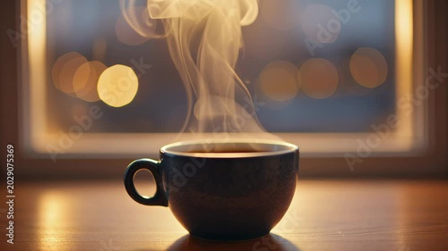 Steaming Cup of Coffee on a Window Sill at Dusk. Seamless looping 4k video background